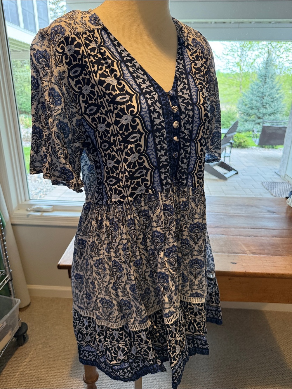 Blue and White Floral Mini Dress - Casual V-Neck Tunic